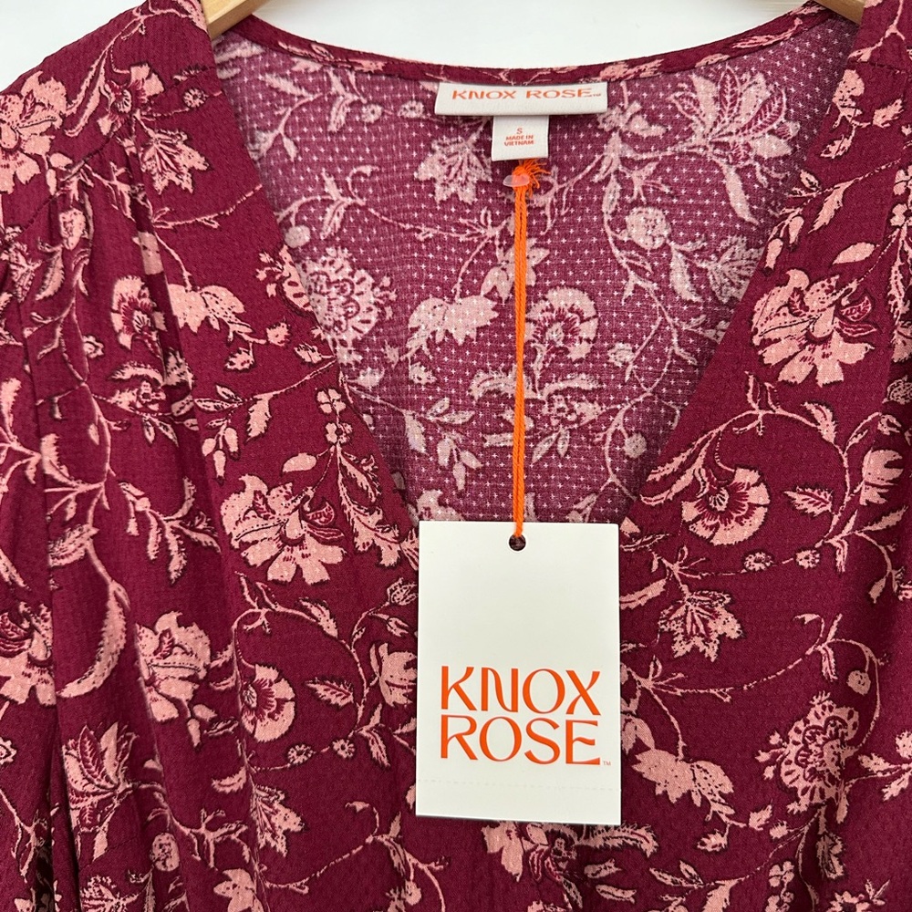 Knox Rose Burgundy Floral Midi Dress Boho Long Sleeve Surplice Neckline Size S - Picture 12 of 15
